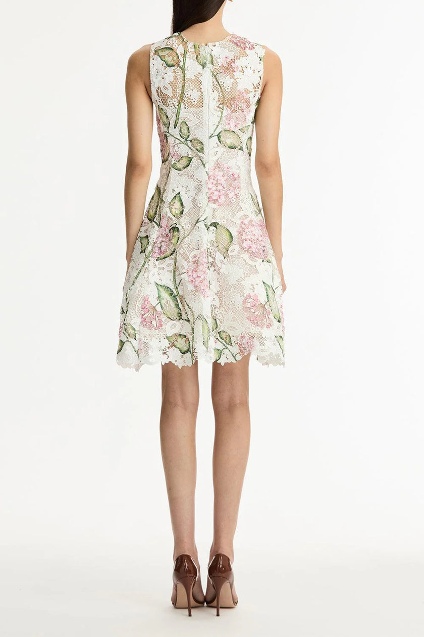 SLEEVELESS PORCELAIN FLOWER GUIPURE LACE MINI DRESS