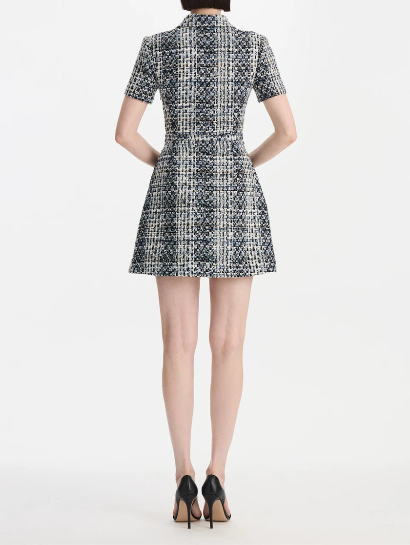 SHORT SLEEVE COLLARD COTTON SLUBBY TWEED DRESS