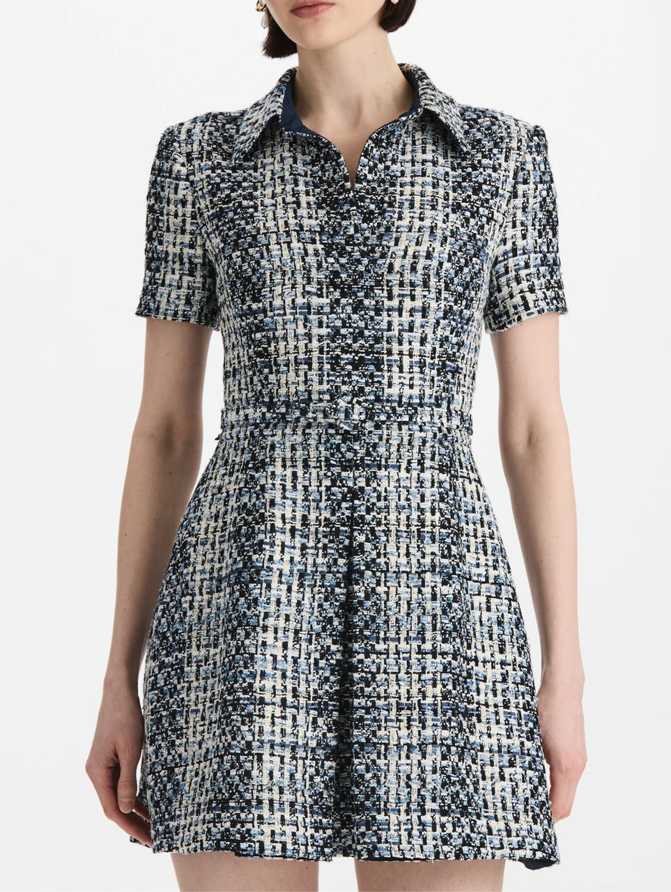 SHORT SLEEVE COLLARD COTTON SLUBBY TWEED DRESS