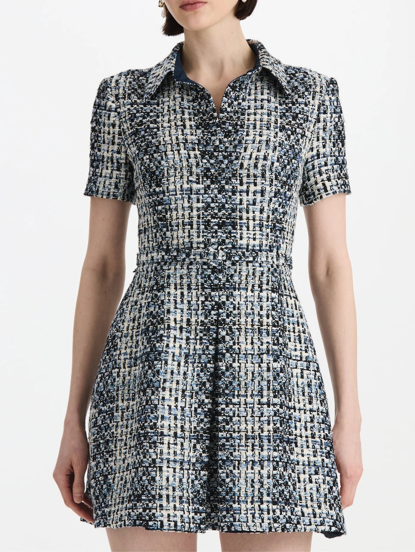 SHORT SLEEVE COLLARD COTTON SLUBBY TWEED DRESS
