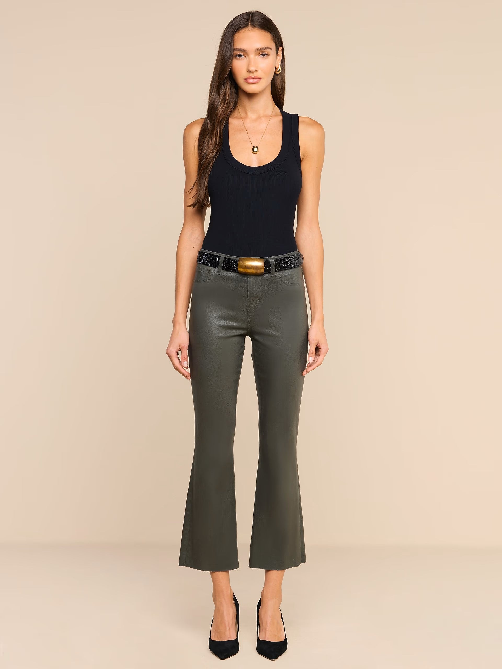 KENDRA COATED CROPPED FLARE JEAN IN ASH OLIVE COATED