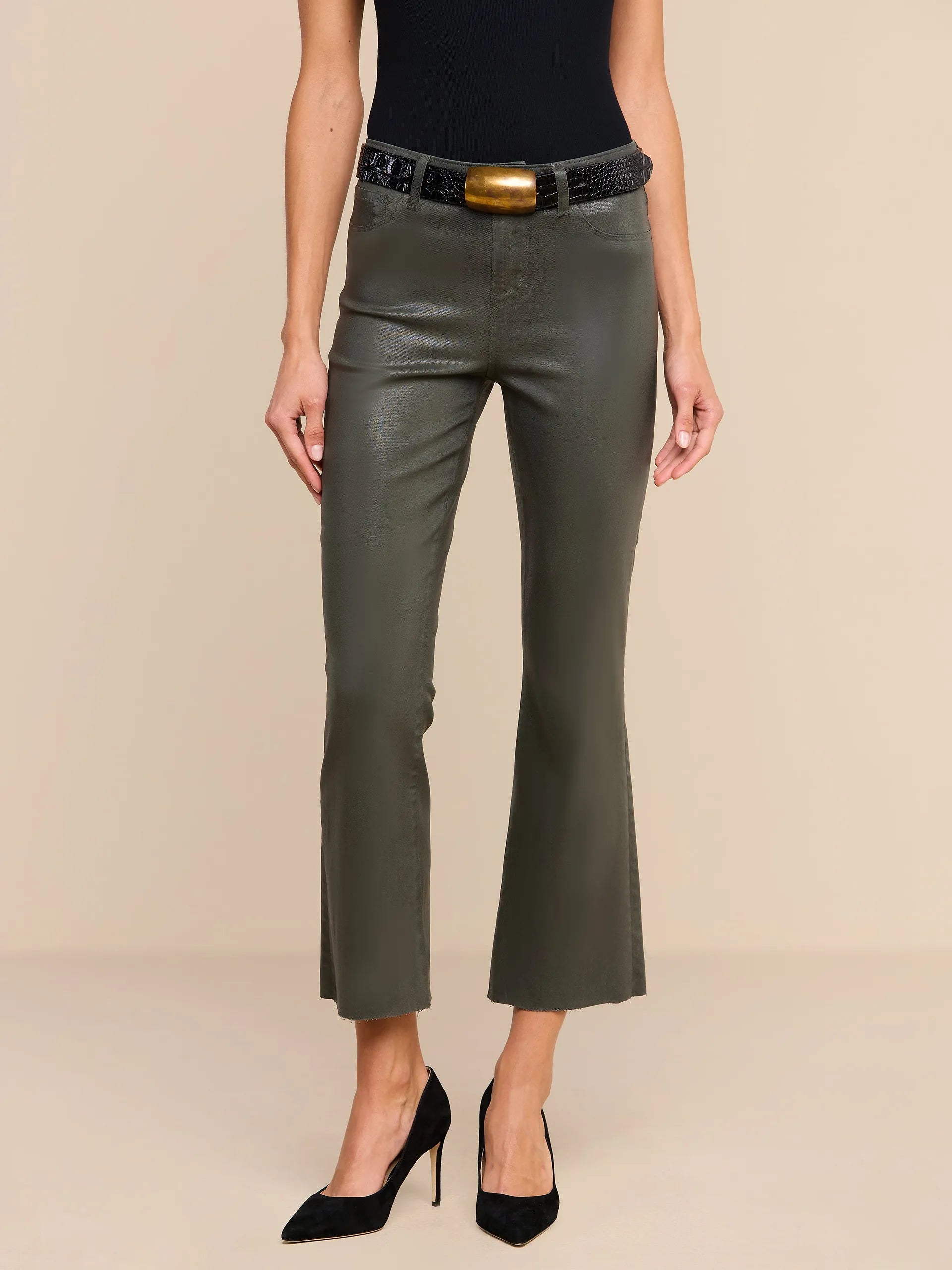 KENDRA COATED CROPPED FLARE JEAN IN ASH OLIVE COATED