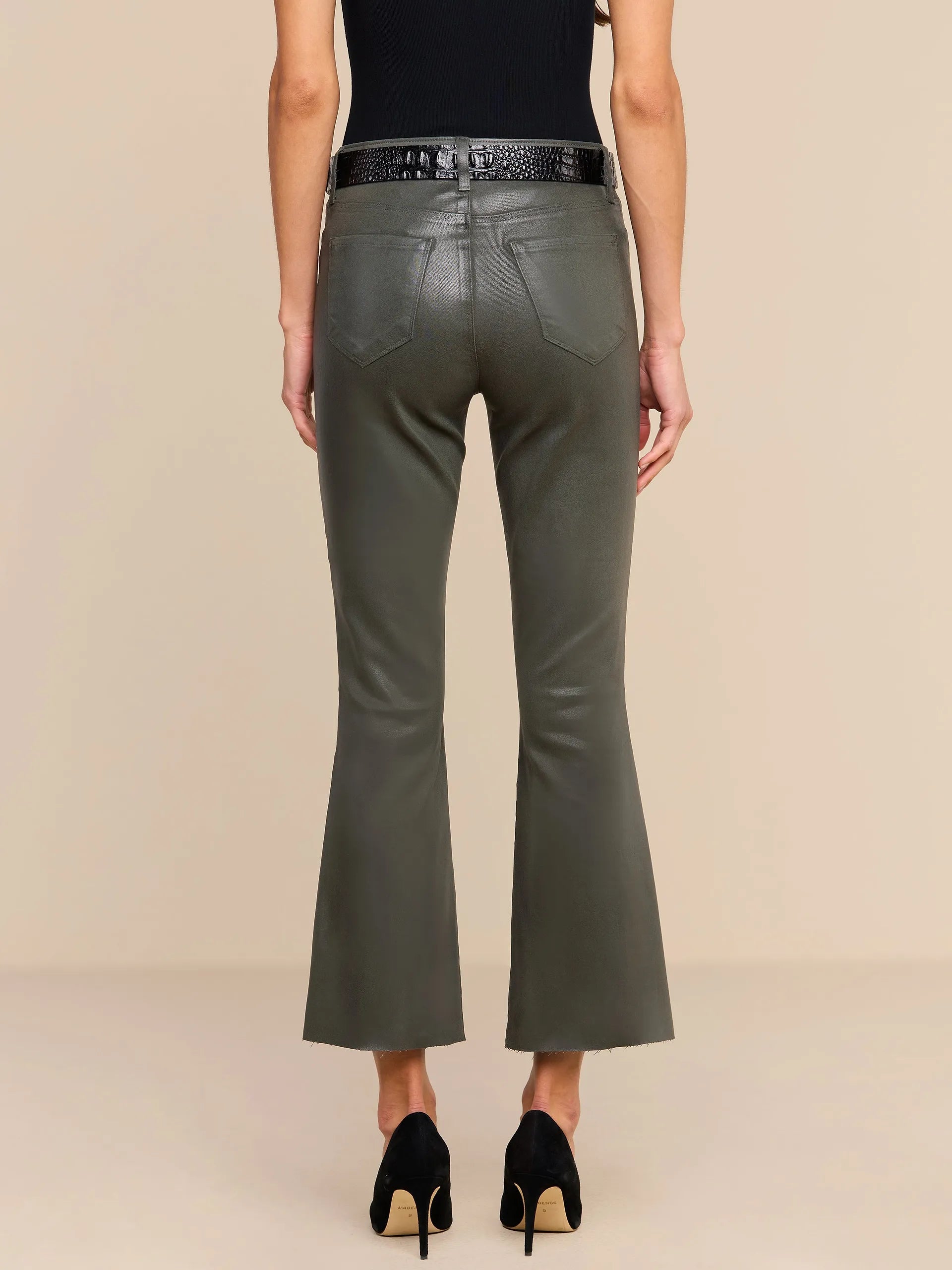 KENDRA COATED CROPPED FLARE JEAN IN ASH OLIVE COATED