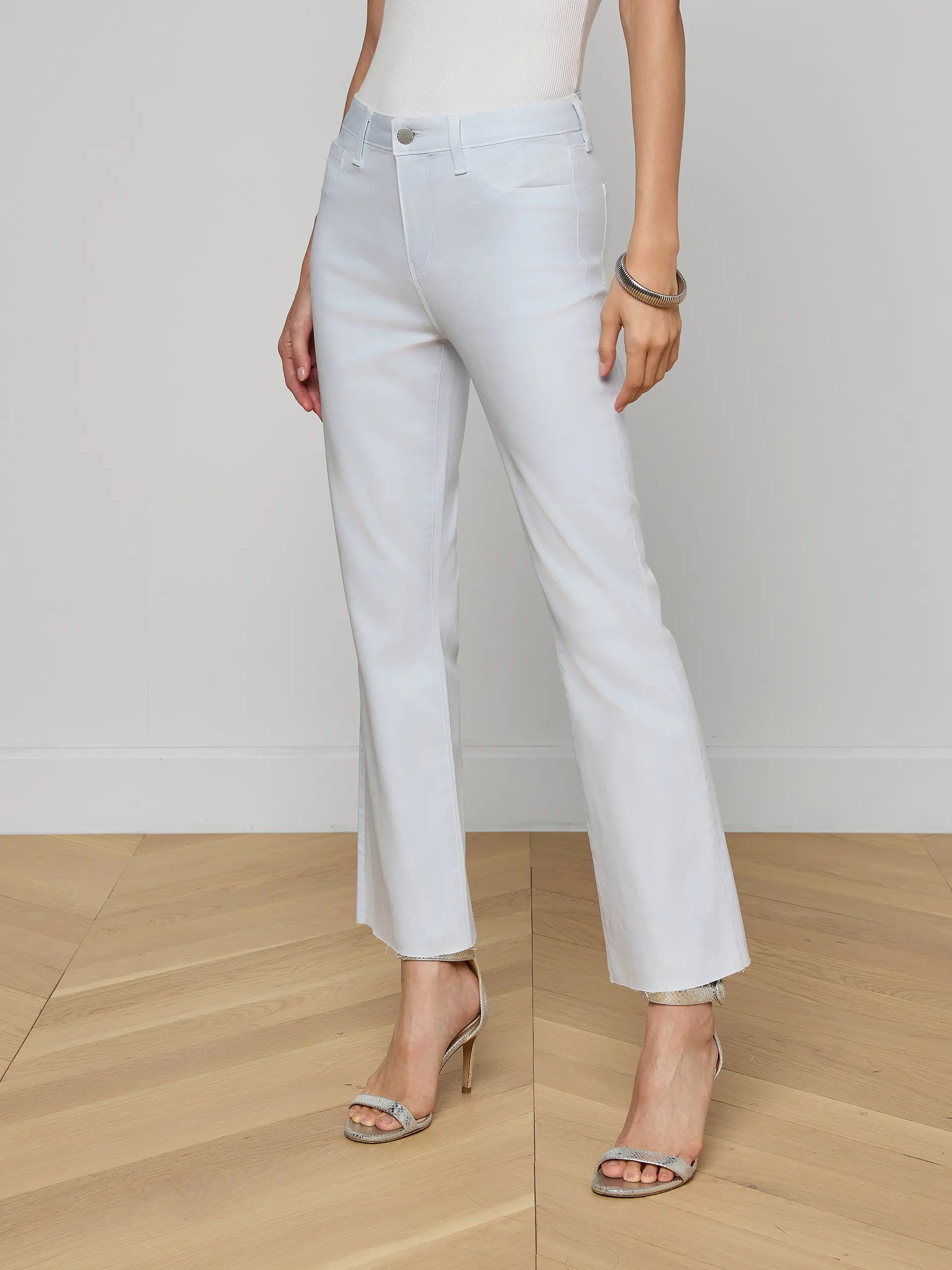 KENDRA COATED CROPPED FLARE JEAN IN PALE MIST BLUE
