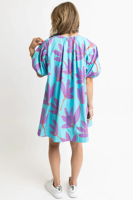 ABSTRACT LEAF SCALLOP VNECK DRESS