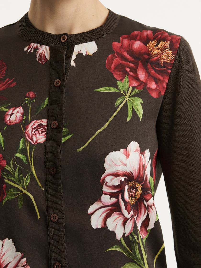 SILK INSET POPPY PRINT CARDIGAN SWEATER