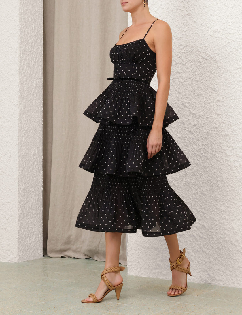 PLEATED TIERED MIDI DRESS