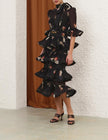 PLEATED SLEEVED MIDI DRESS IN BLACK BIRD PRINT