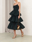 PLEATED TIERED MIDI DRESS IN BOTTLE GREEN