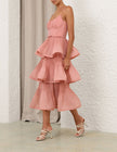PLEATED TIERED MIDI DRESS IN DUSTY PINK
