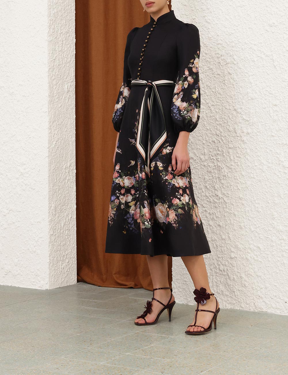 VALIANT BUTTON MIDI DRESS IN BLACK BOUQUET