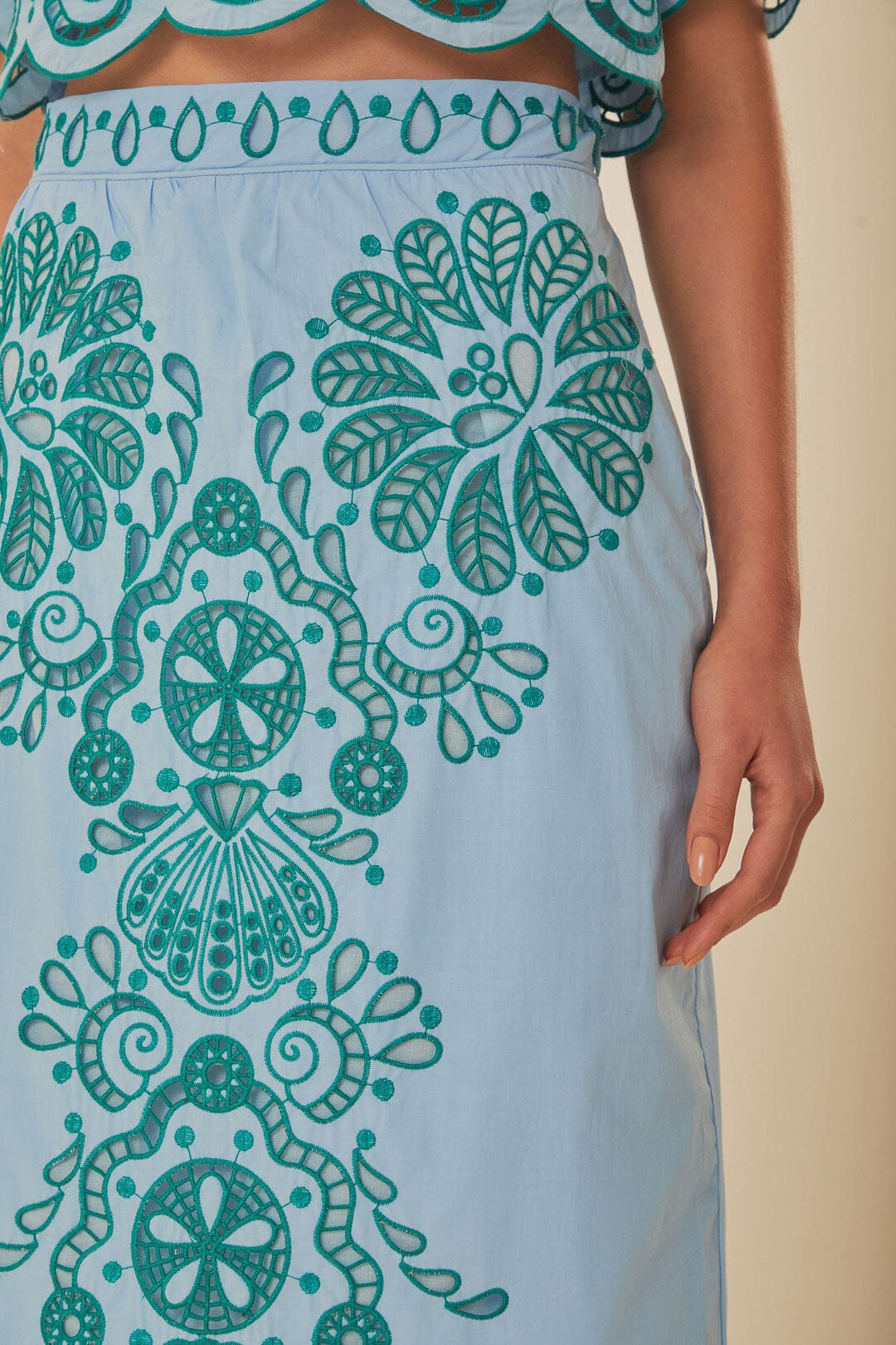 LIGHT BLUE AND GREEN RICHELIEU MIDI SKIRT