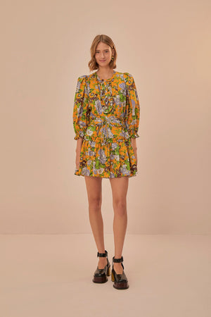 YELLOW CAPRI FLORAL SHORT SLEEVE MINI DRESS