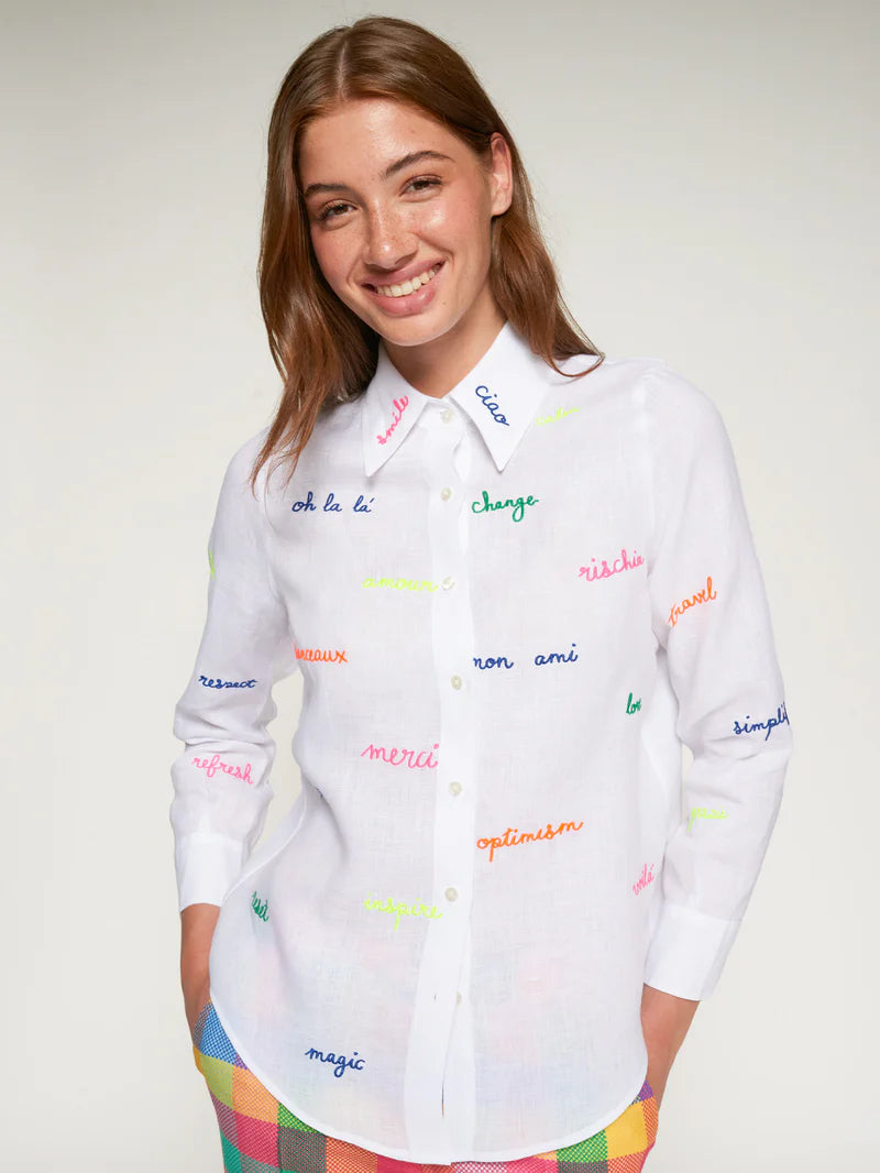 MAFALDA WHITE SHIRT WITH EMBROIDERED WORDS