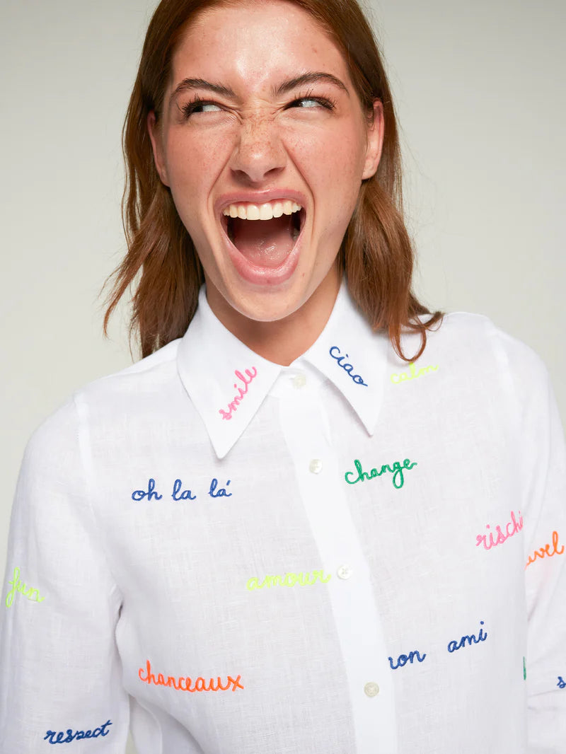 MAFALDA WHITE SHIRT WITH EMBROIDERED WORDS