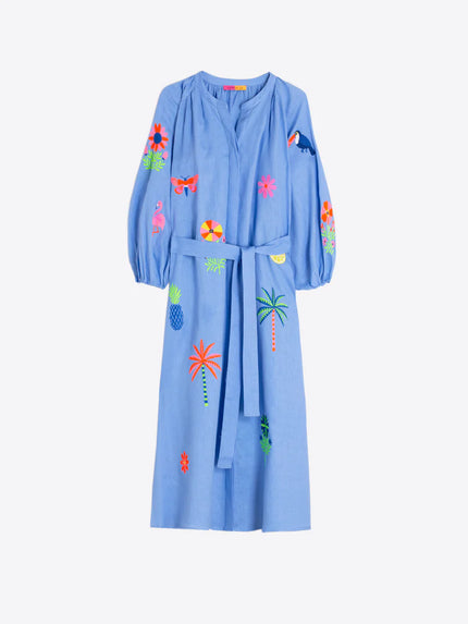 CLAUDETTE BLUE DRESS WITH TROPICAL EMBROIDERY