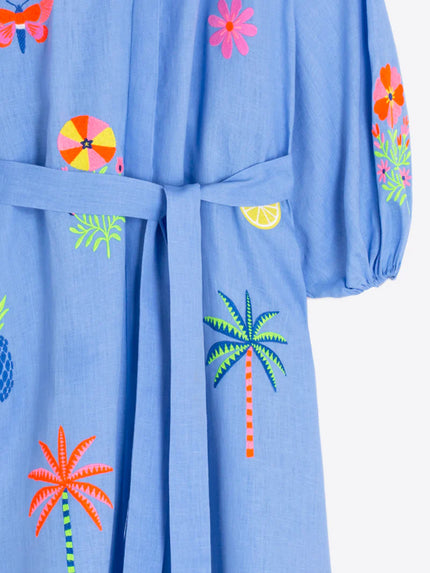 CLAUDETTE BLUE DRESS WITH TROPICAL EMBROIDERY