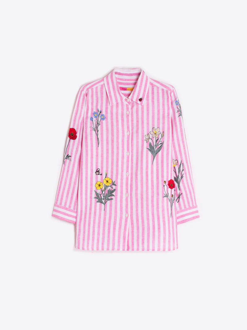 SARA PINK STRIPED SHIRT WITH EMBROIDERED FLOWERS