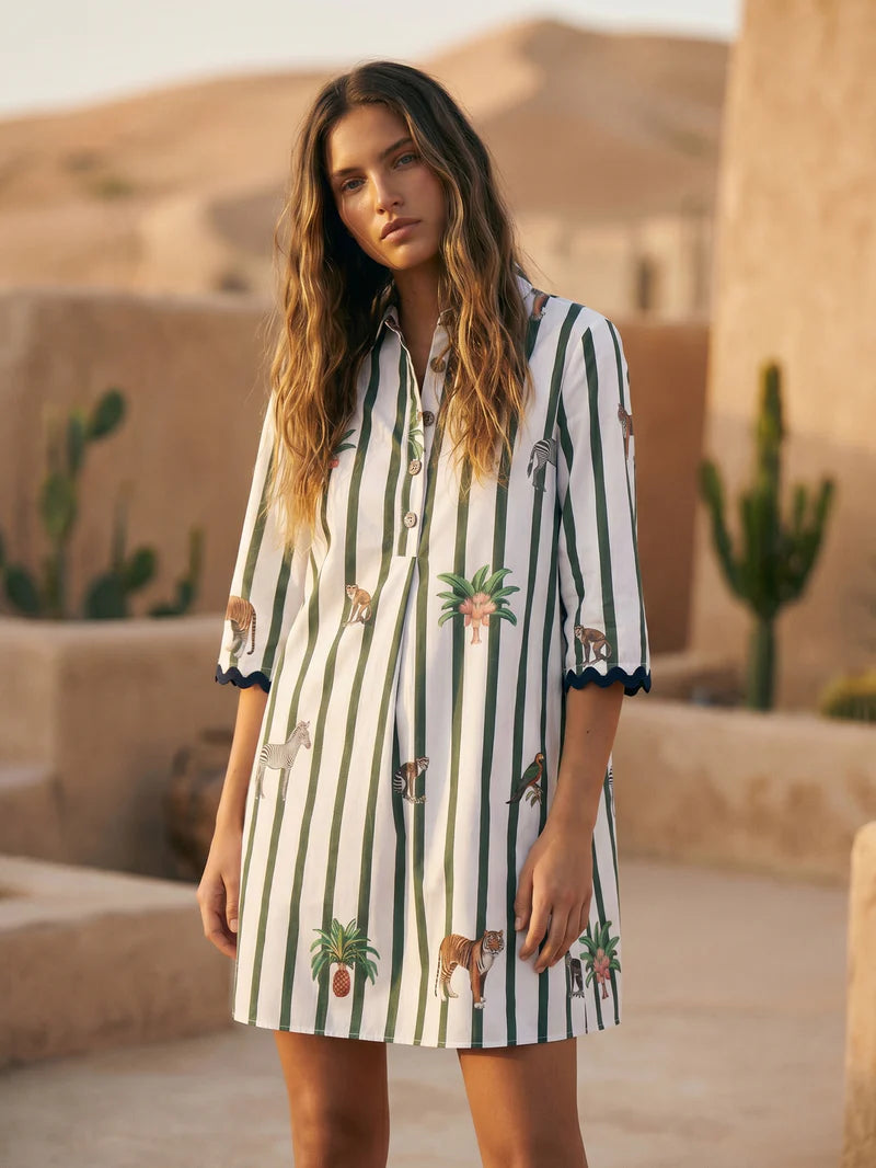 TYANNA SHORT GREEN STRIPED SAFARI DRESS