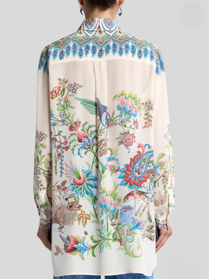 LONG SILK SHIRT WITH PLACED FLORAL PRINT