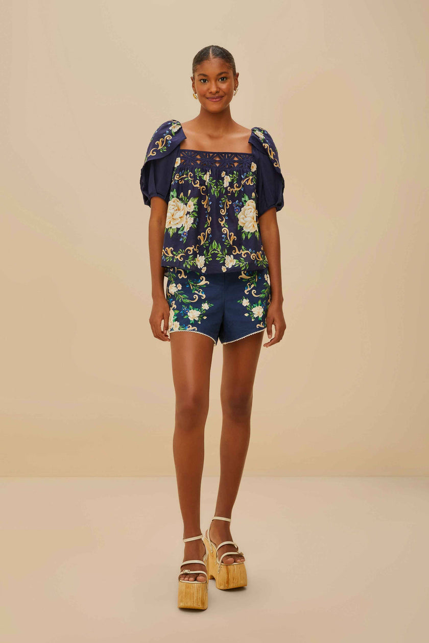 BLUE FLOWER TAPESTRY YOKE BLOUSE