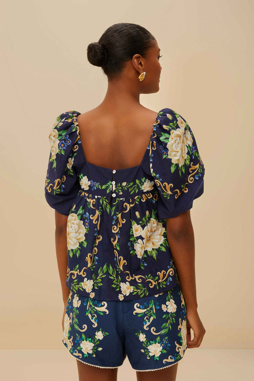 BLUE FLOWER TAPESTRY YOKE BLOUSE