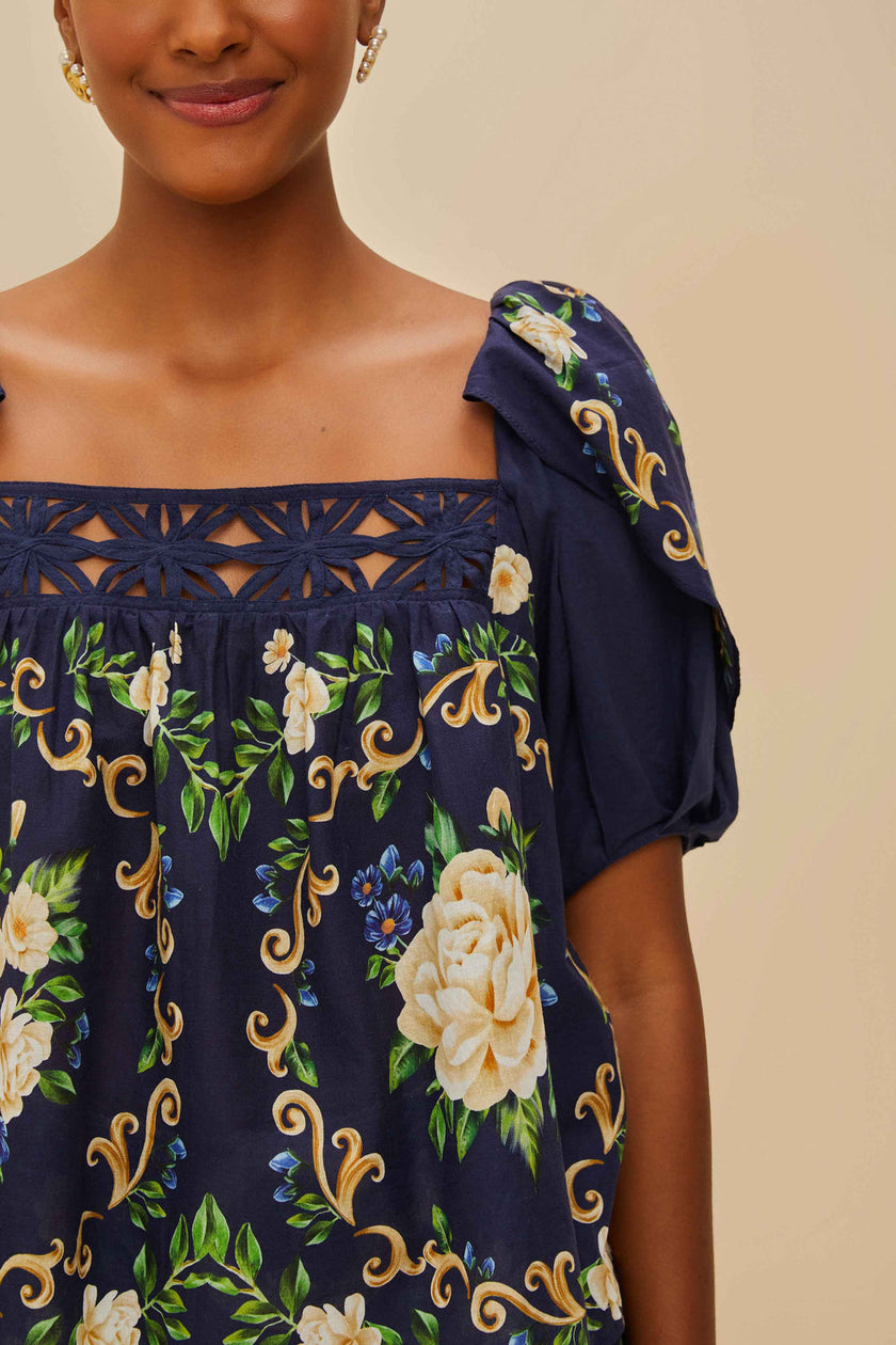 BLUE FLOWER TAPESTRY YOKE BLOUSE