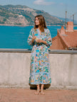 CLAUDETTE TURQUOISE TROPICAL SCENES PRINT DRESS