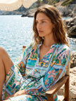 CLAUDETTE TURQUOISE TROPICAL SCENES PRINT DRESS