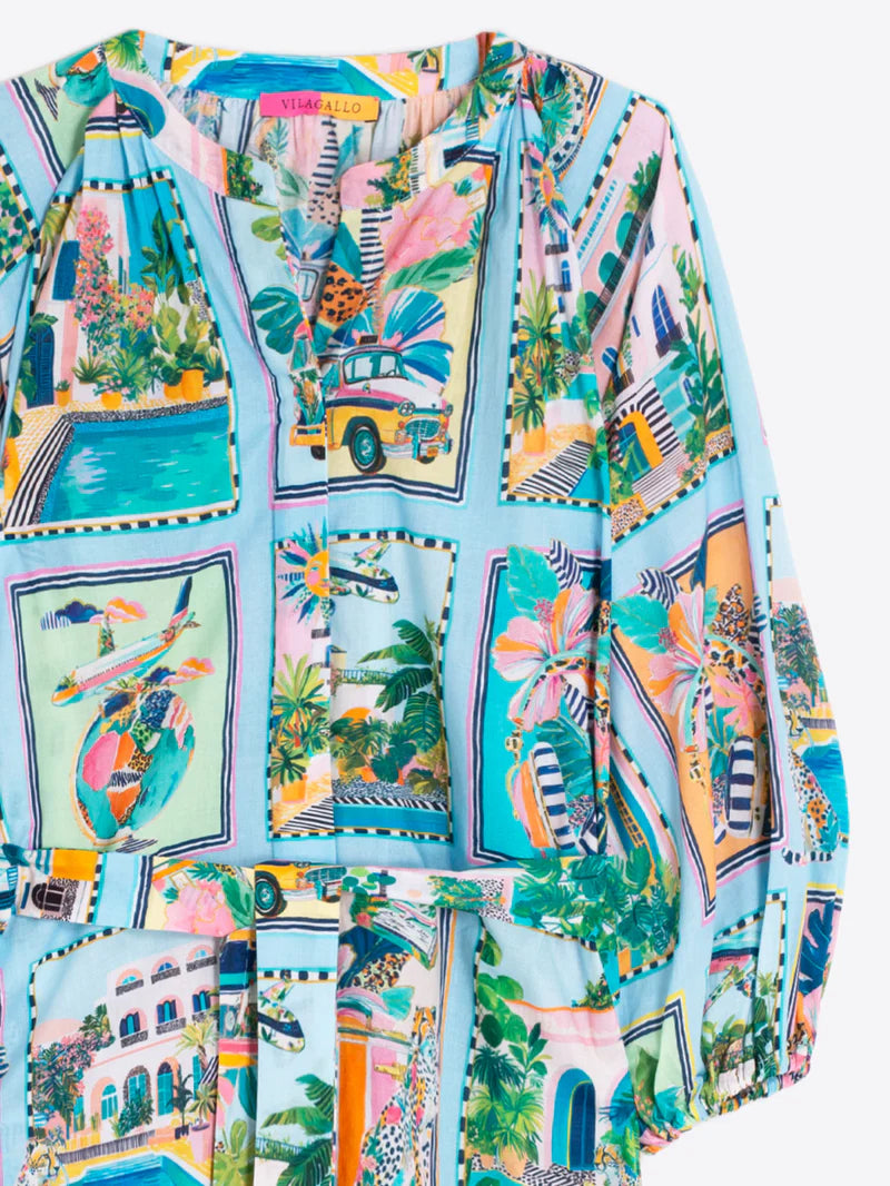 CLAUDETTE TURQUOISE TROPICAL SCENES PRINT DRESS