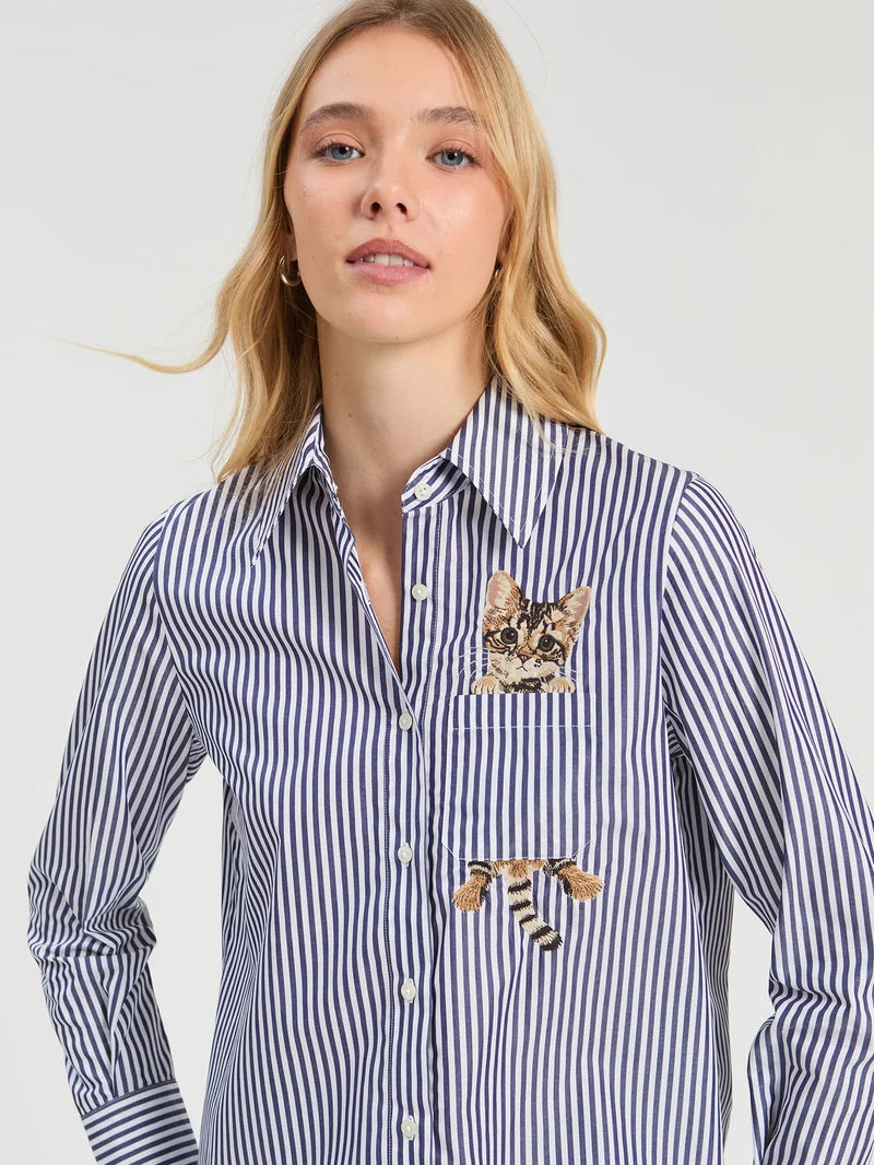 MAGDA CAT POCKET BLUE WHITE STRIPE