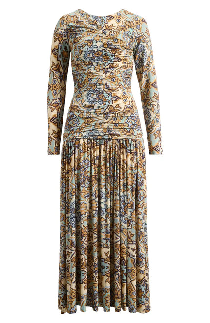 BLUE WINTER TAPESTRY LONG SLEEVE MAXI DRESS