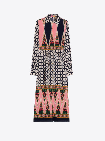 PINK AND BLACK ETHNIC GEO MIDI DRESS