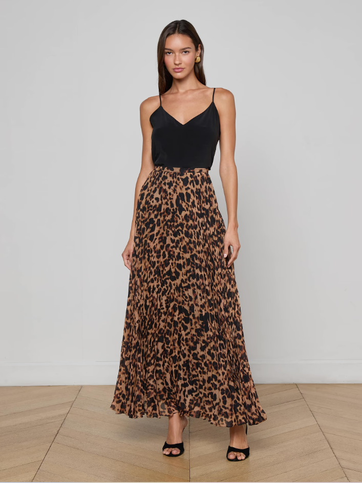 TORIN PLEATED MAXI SKIRT IN BROWN MULTI AMUR LEOPARD
