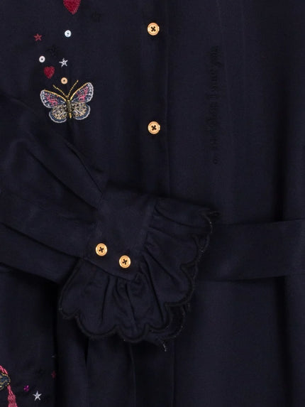 NAVY EMBROIDERED CUPID MIDI DRESS