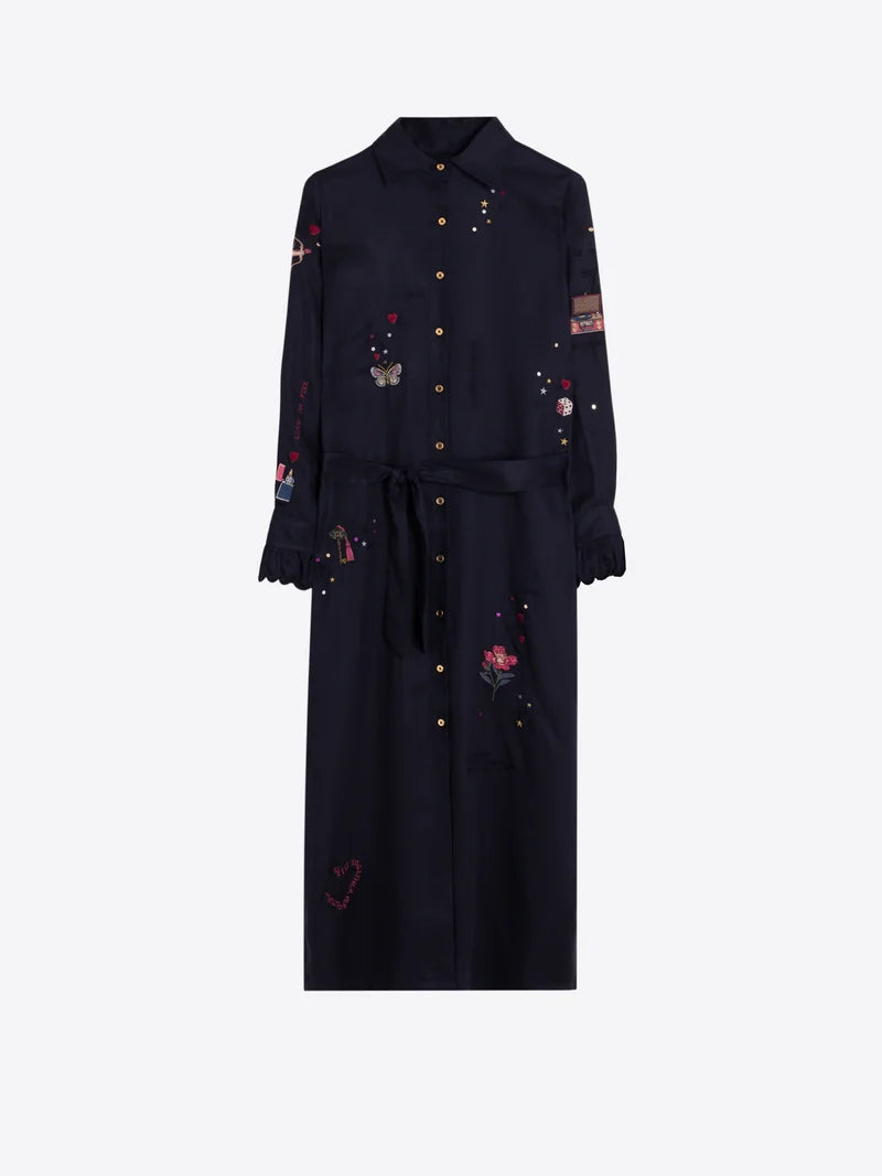 NAVY EMBROIDERED CUPID MIDI DRESS