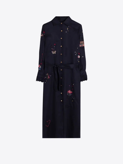 NAVY EMBROIDERED CUPID MIDI DRESS