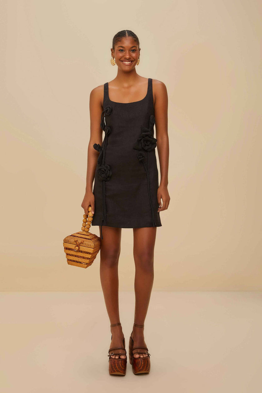 BLACK SLEEVELESS LINEN MINI DRESS