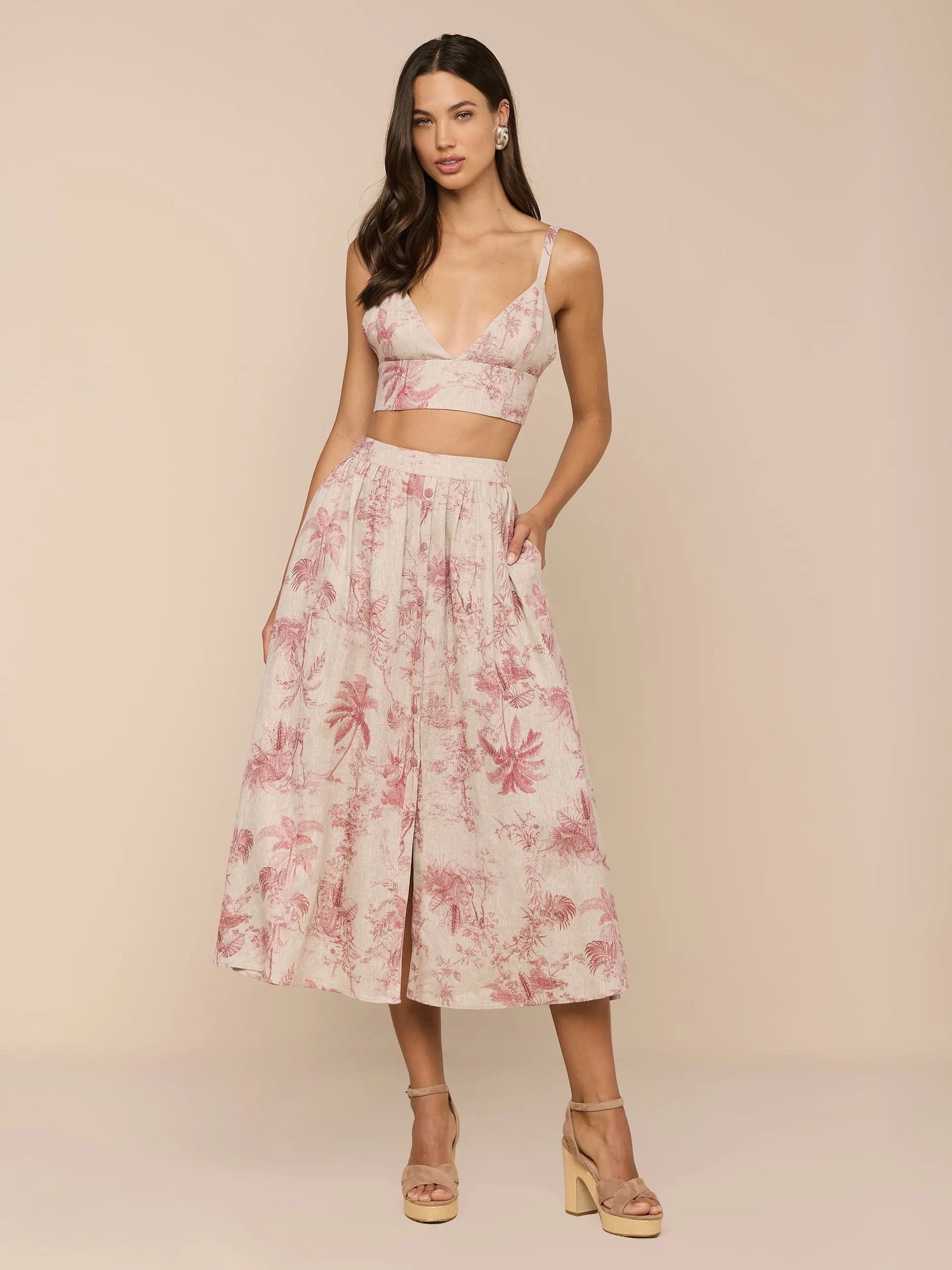 SEINA LINEN MIDI SKIRT IN TEXTURED JUNGLE TOILE