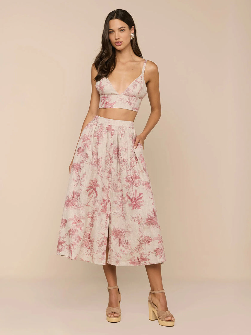 SEINA LINEN MIDI SKIRT IN TEXTURED JUNGLE TOILE