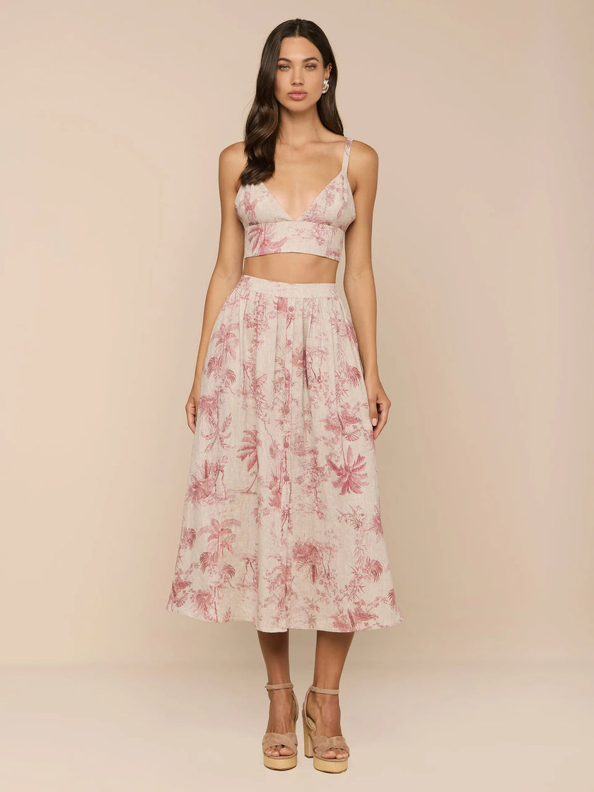 SEINA LINEN MIDI SKIRT IN TEXTURED JUNGLE TOILE