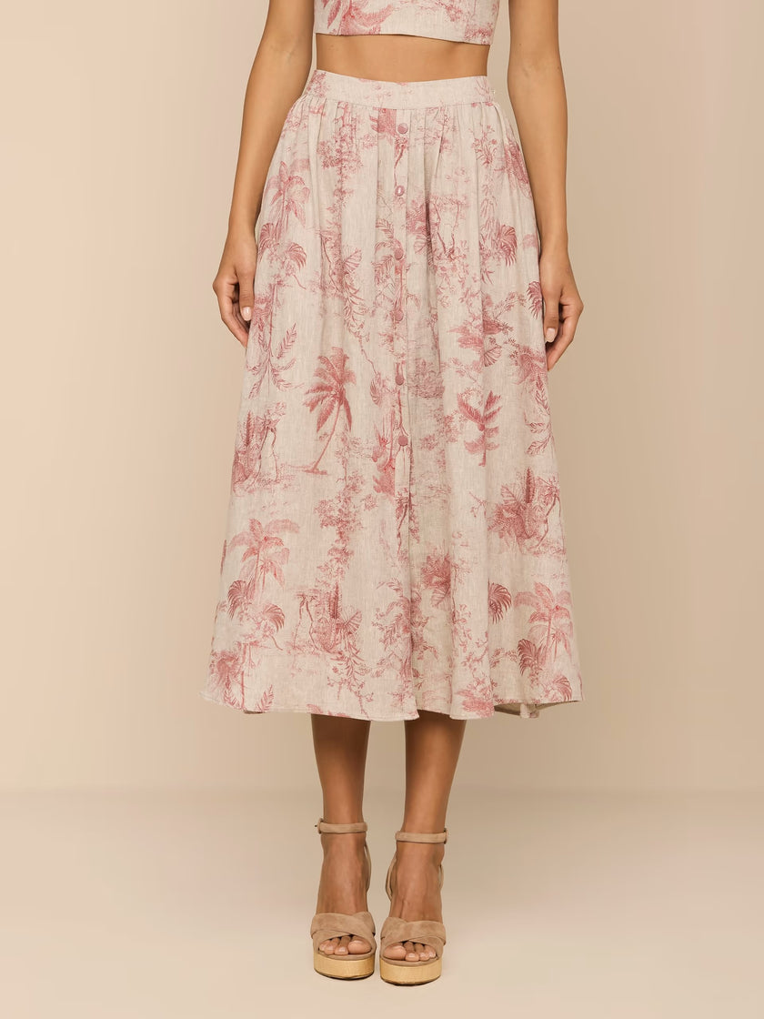SEINA LINEN MIDI SKIRT IN TEXTURED JUNGLE TOILE