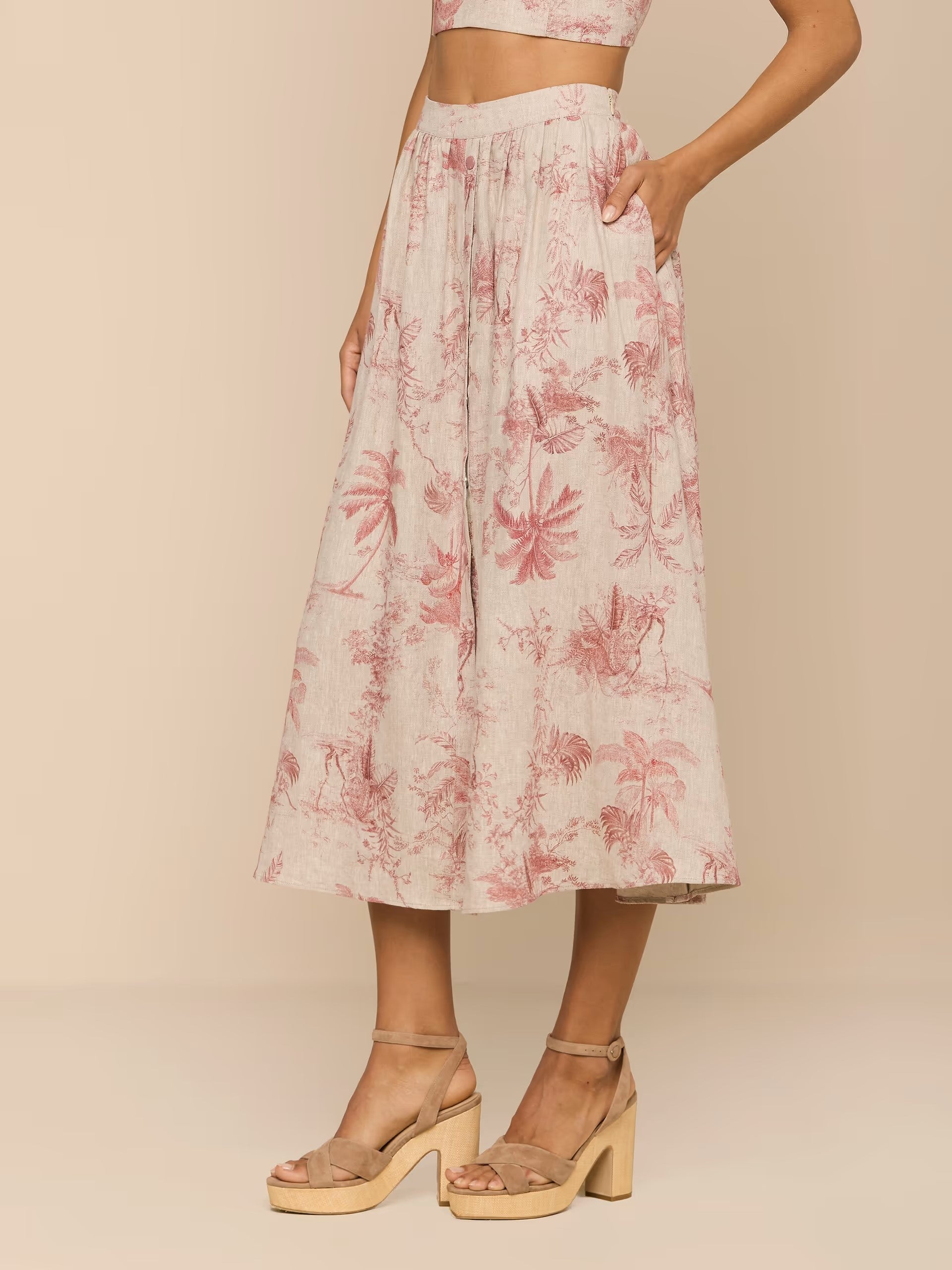 SEINA LINEN MIDI SKIRT IN TEXTURED JUNGLE TOILE
