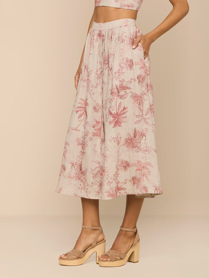 SEINA LINEN MIDI SKIRT IN TEXTURED JUNGLE TOILE