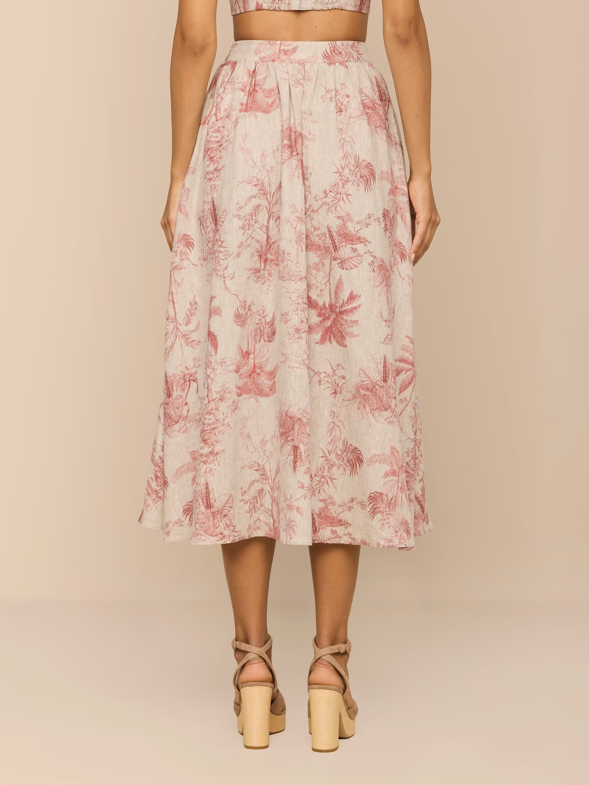 SEINA LINEN MIDI SKIRT IN TEXTURED JUNGLE TOILE