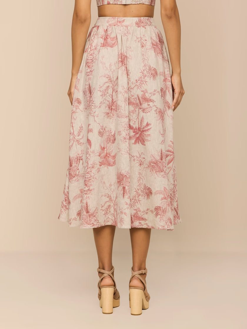 SEINA LINEN MIDI SKIRT IN TEXTURED JUNGLE TOILE