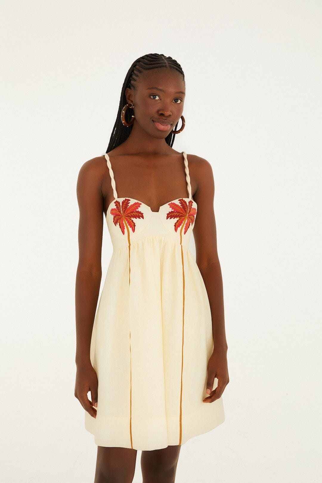 COCONUT TREE EMBROIDERED LINEN MINI DRESS