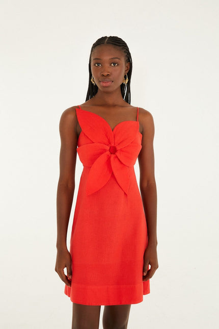 RED 3D FLOWER MINI DRESS