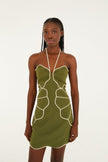 GREEN WAVY TRIM HALTER NECK MINI DRESS