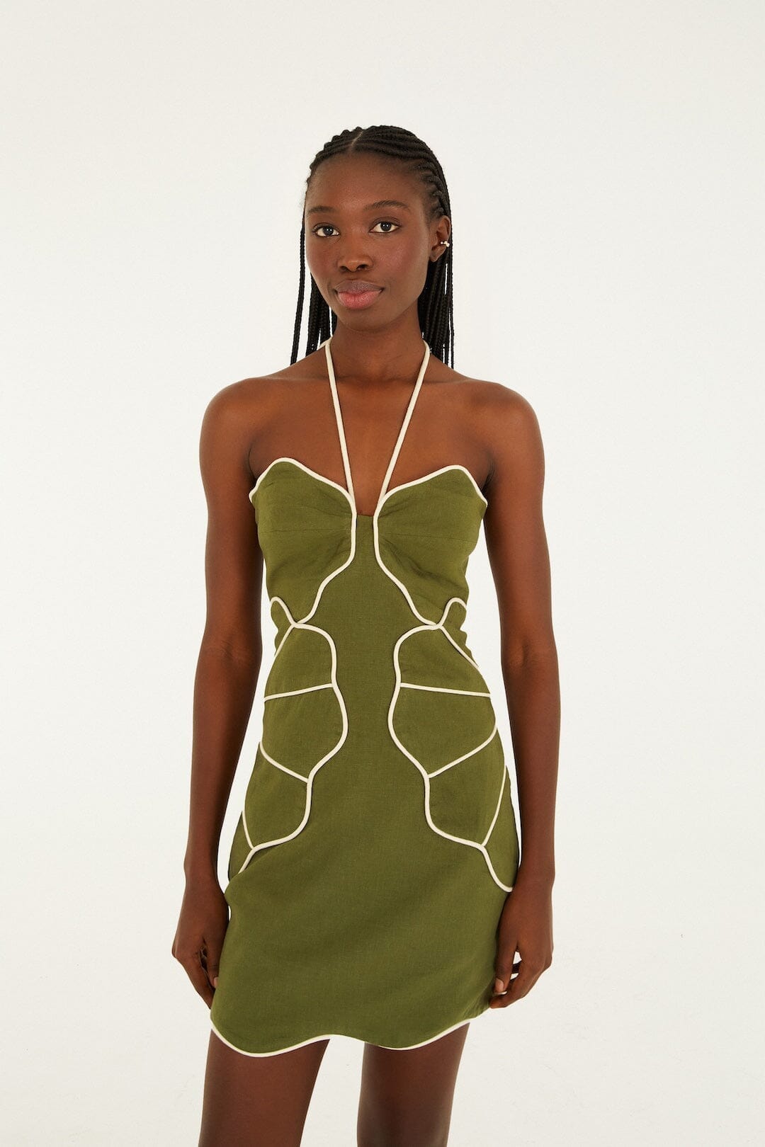 GREEN WAVY TRIM HALTER NECK MINI DRESS
